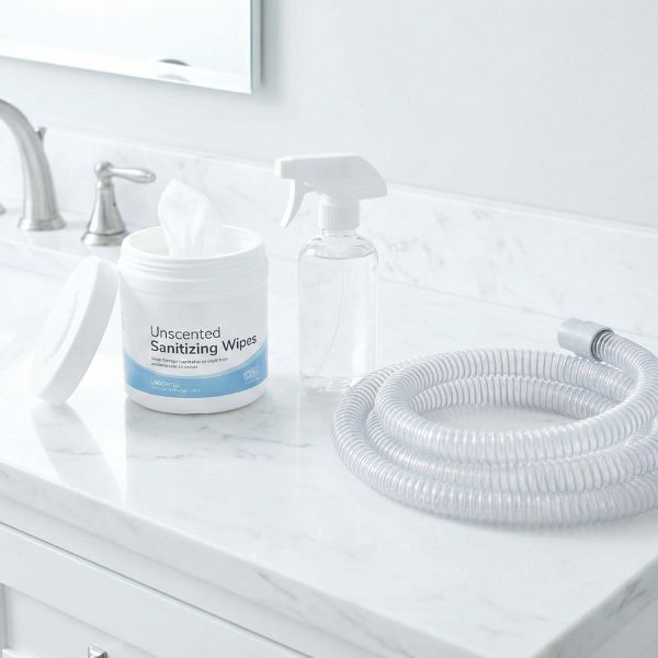 Sanitizing wipes and cleaning spray bottle next to sleep therapy tubing on a counter