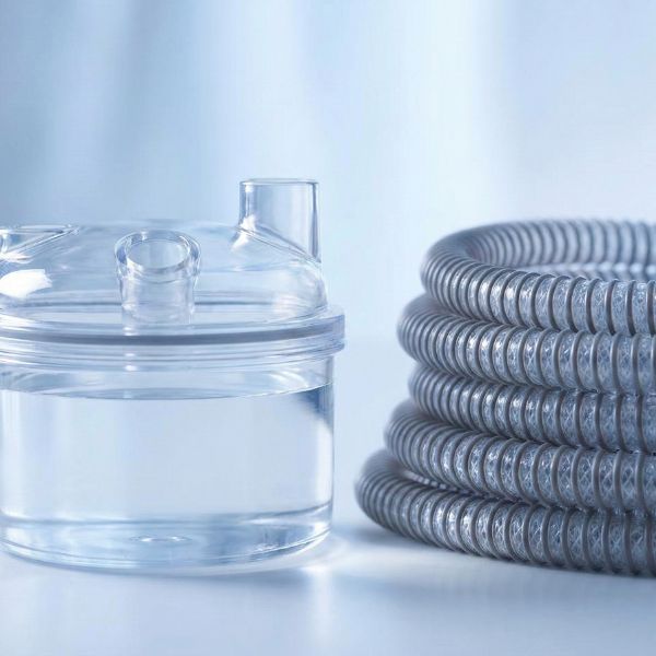 Clear water chamber and heated tubing coil for sleep therapy device