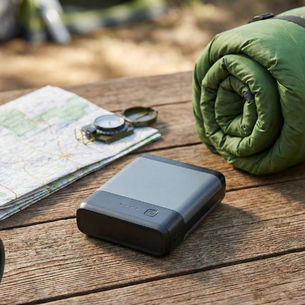 Portable battery pack for medical devices sitting next to travel gear