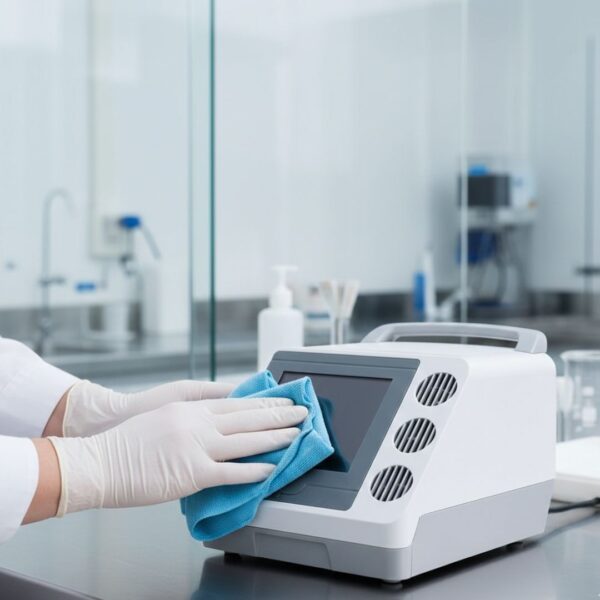 A professional close-up shot of a technician in a clinical setting wearing white gloves, carefully inspecting and cleaning a medical device with a microfiber cloth.