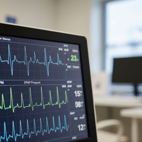 A close-up of a digital medical screen displaying airflow waves and pressure data charts.