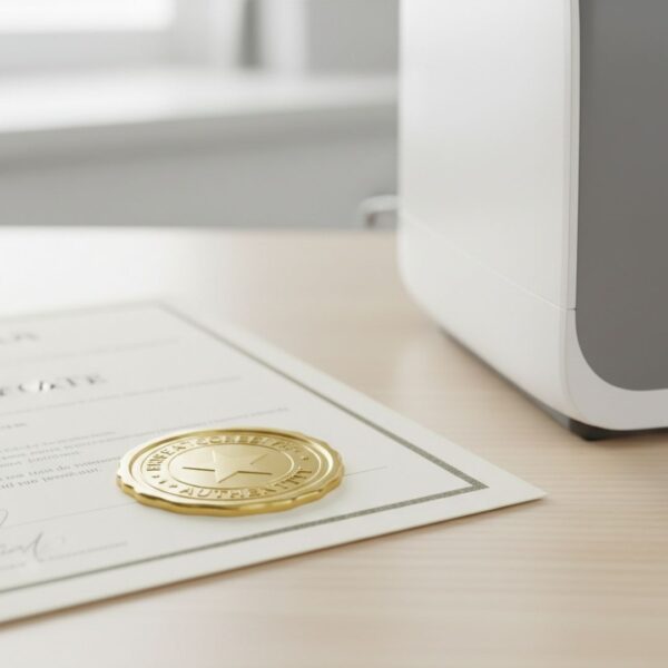 A professional stock photo of a gold seal or certificate of authenticity lying on a clean desk next to a modern medical device.