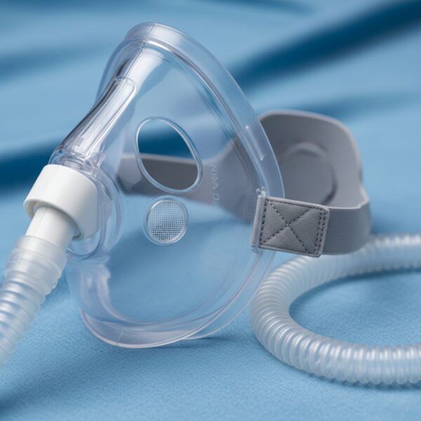 A close-up of a high-quality CPAP/BiPAP mask and flexible tubing neatly arranged on a soft blue fabric.