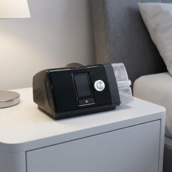 A modern CPAP machine sits ready for use on a clean, uncluttered bedside nightstand.