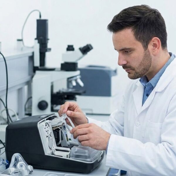 A skilled technician performs a detailed quality inspection on medical respiratory equipment in a specialized lab environment.