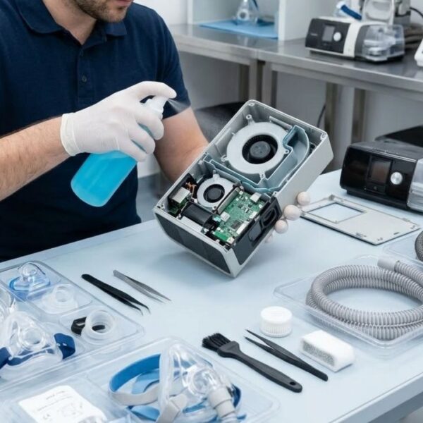 A professional wearing protective gloves carefully sanitizes a CPAP device to meet strict safety standards.