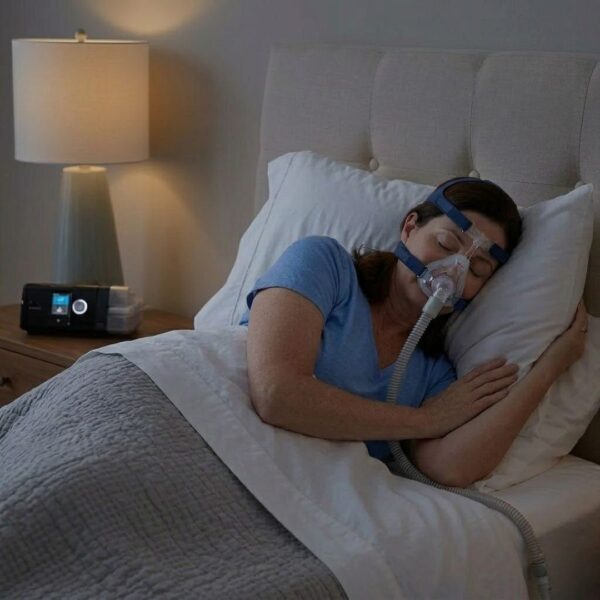 A woman sleeping with her refurbished CPAP machine from Secondwind CPAP.