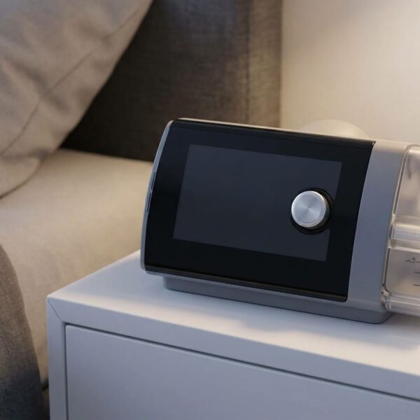 A close-up view of the glowing interface on a BiPAP machine.