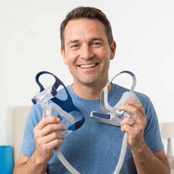 A man smiles as he holds his sleep apnea mask, happy with the comfort.