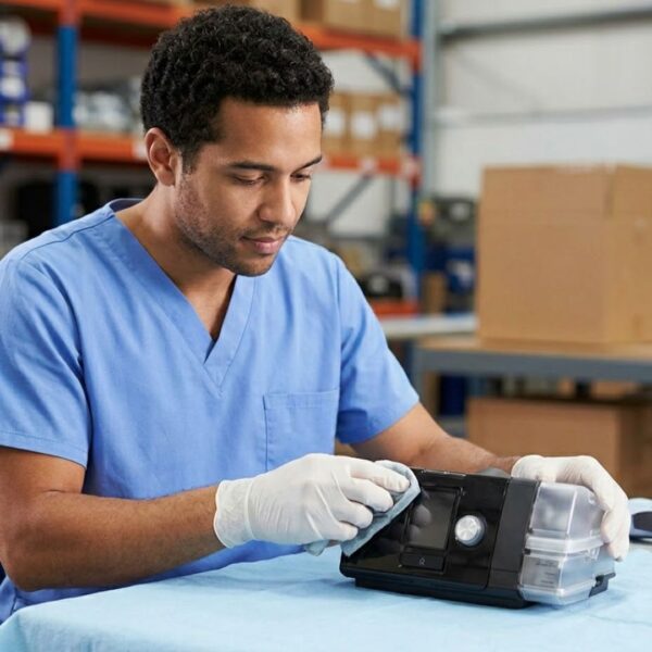A technician performing a detailed inspection and sanitization of a refurbished medical device.