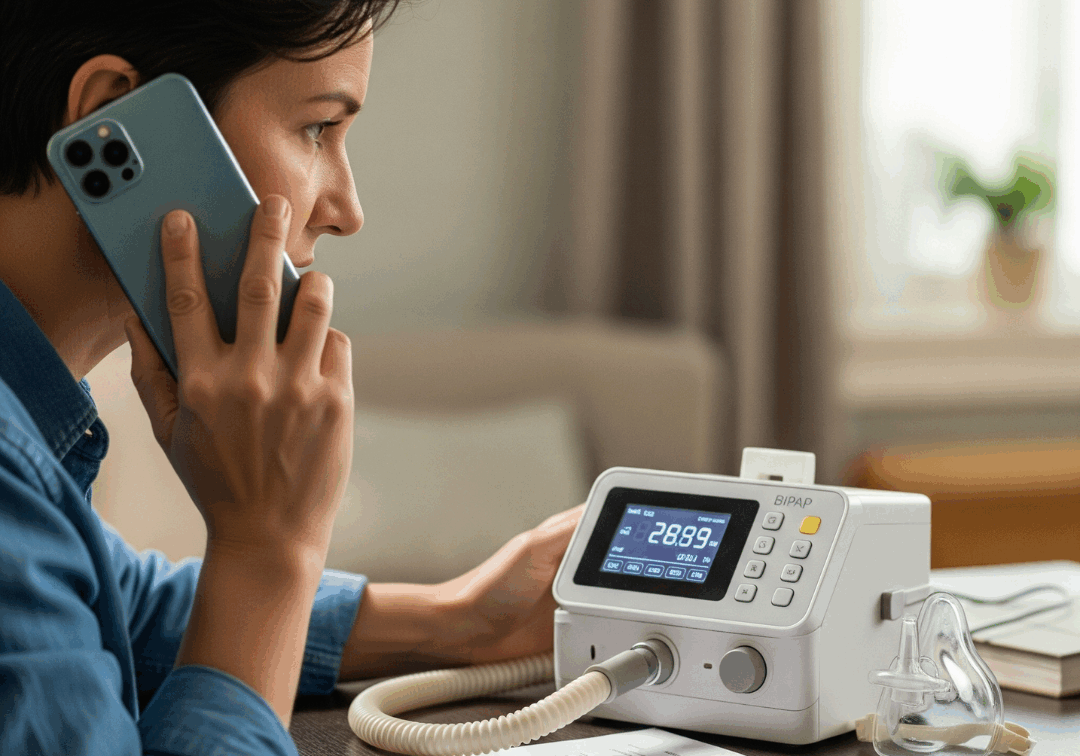 Person talking on the phone with BiPAP nearby